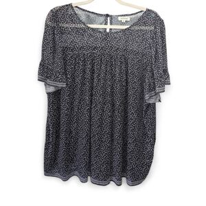 Max Studio Black and White Polka Dot Babydoll Top 2X Short Sleeve Button Back